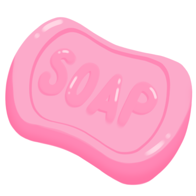 A drawing of a pink bar of soap that has the word 'soap' written across it in all capital letters.